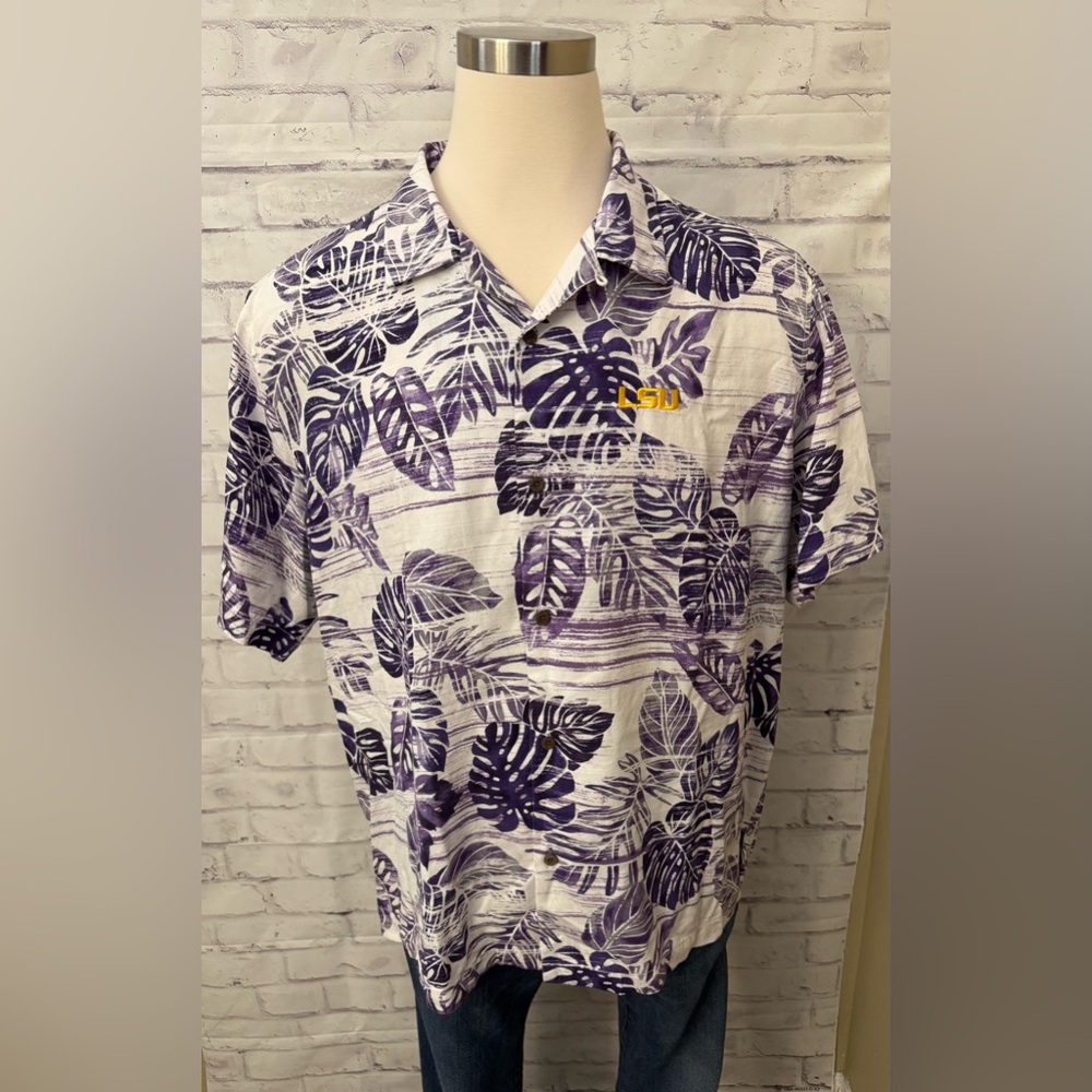 Tommy Bahama LSU Tigers Purple Floral Lush Camp Dress Shirt Silk XXL Office‎